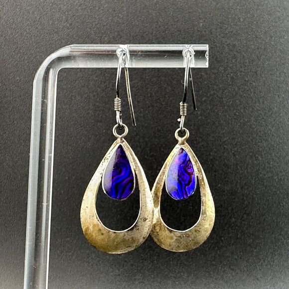 Vintage 925 Silver Purple Abalone Shell MOP in Resin Dangle Hook Earrings 1.75" - Picture 5 of 12